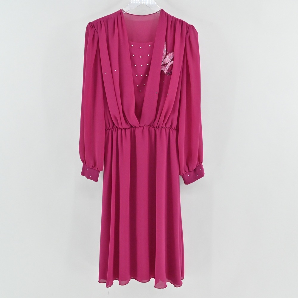 Vintage‎ 70s 80s Blouson Evening Midi Dress Sz 10 Pink Beaded Sequin Puff Sleeve - Picture 2 of 13